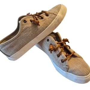 Sperry Beige Canvas Sneakers Size 8.5 Coastal Preppy Like New